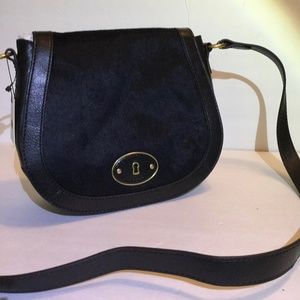 Fossil CrossBody Black Leather Purse with Calf Hair Beautiful